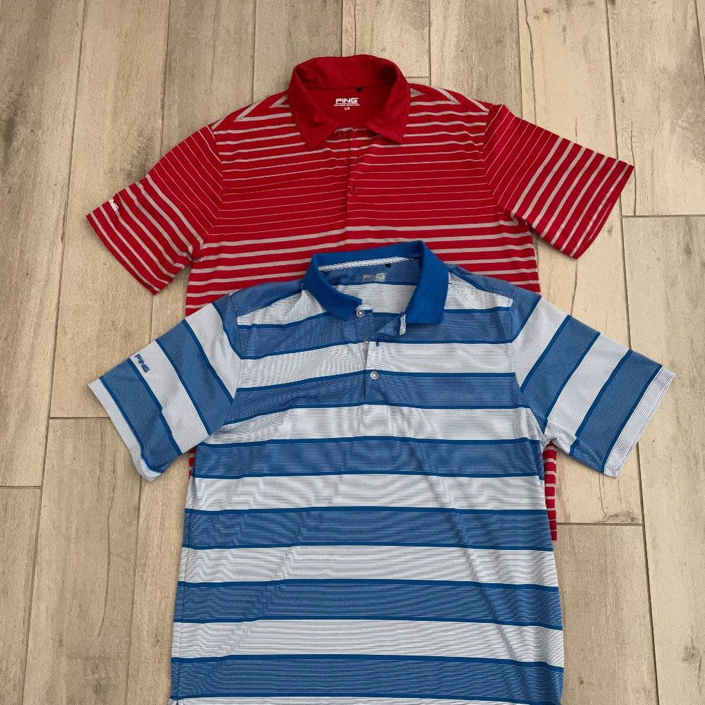 LOT 2 Ping Polo Golf Short Sleeve Shirt Blue Red Striped Sensor Cool Mens L